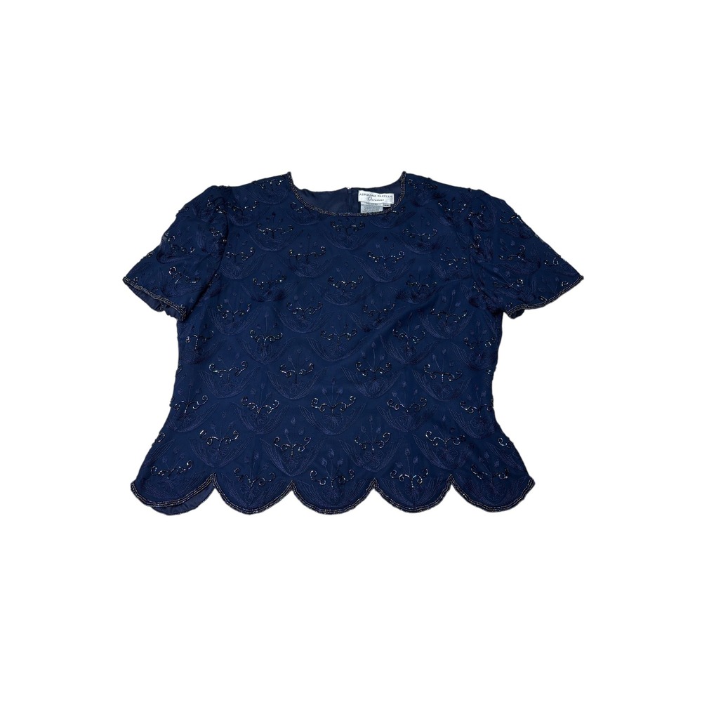Adrianna Papell Occasions Silk Beaded Embroidered Blouse Navy Blue Hem 14
